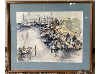 Framed & Matted Signed Watercolor Of Docked Sailboats In Harbor