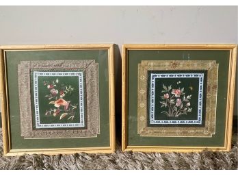 Pair Of Framed And Matted Embroidery/tapestry Art