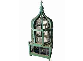 Vintage Bird Cage, Painted Wood, Spring Loaded Door, With Hook For Hanging