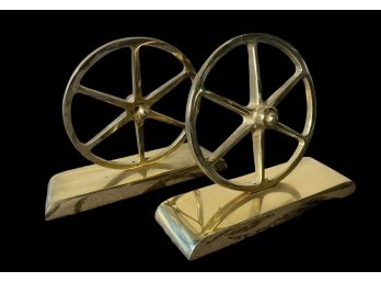 Signed Brass Wagon Wheel Bookends