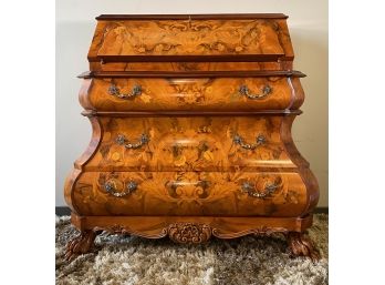 Italian Olive Wood Bombe Drop Front Secretary Desk With Heavy Carved Claw Feet