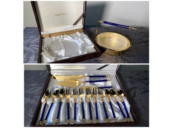 Gold Tone Cutlery Service For Six With Glass Lined (candy/mint Sized) Dish