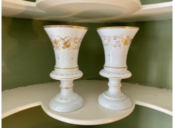 Two Delicate Hand Painted Gold On White Vases