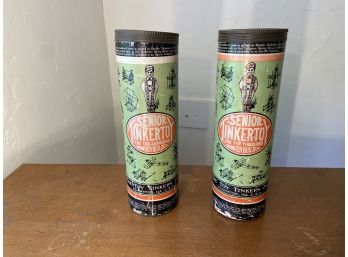 Two Vintage Senior Tinker Toy Cylinders Filled With Tinker Toys