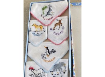 Vintage 'Days Of The Week' Embroidered Handkerchiefs, In Original Box Unused