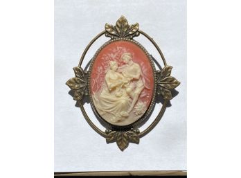 Beautiful Vintage Cameo Brooch On Coral Base