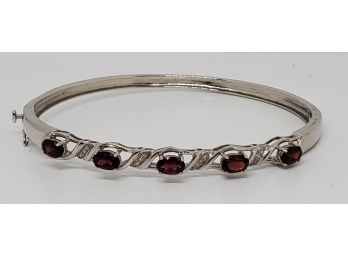 Garnet & Diamond Accent, Rhodium Over Sterling Bangle Bracelet