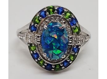 Opal Triplett, Chrome Diopside, White Zircon, Lab Blue Spinel, Rhodium Over Sterling Ring