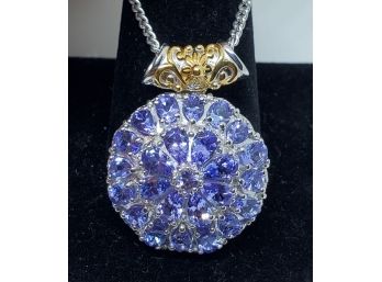 Gorgeous Tanzanite Pendant Necklace In Yellow Gold & Platinum Over Sterling