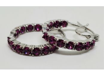 Fuchsia Swarovski Crystal Inside Outside Hoop Earrings In Platinum Bond