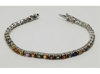 Beautiful Multi Color Sapphire, Rhodium Over Sterling Tennis Bracelet