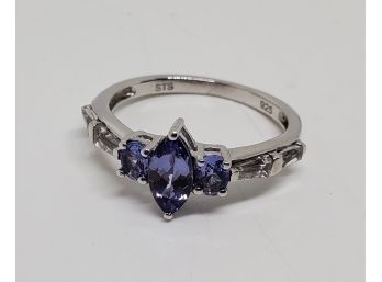 Tanzanite, White Zircon Ring In Platinum Over Sterling