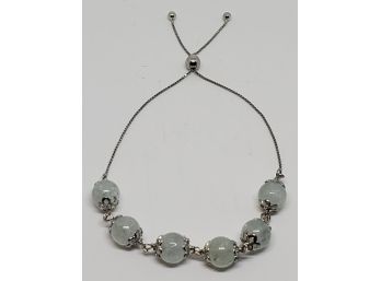 Aquamarine Bead, Rhodium Over Sterling Bolo Bracelet In Sterling