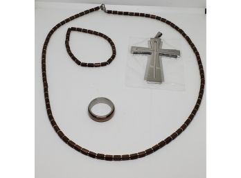 Black Plated Hematite Men's Stretch Bracelet, Band Ring & Cross Pendant With Matching Necklace