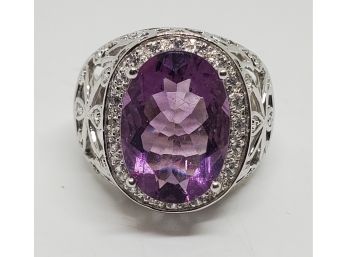 Purple Fluorite, White Zircon Sterling Ring