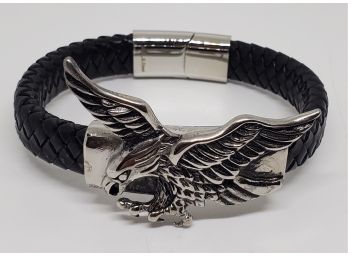 Black Leather Eagle Bracelet In Stainless Steel