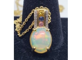 Ethiopian Welo Opal, Multi Gemstone Pendant Necklace In Yellow Gold Over Sterling