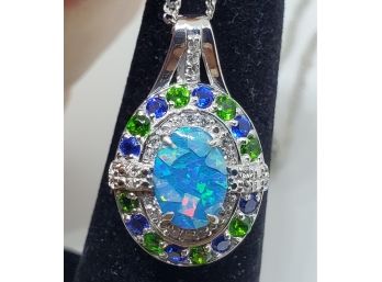 Opal Triplett, Chrome Diopside, White Zircon, Lab Blue Spinel, Rhodium Over Sterling Pendant Necklace