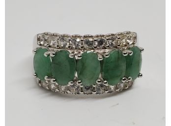 Sakota Emerald, White Zircon, Rhodium Over Sterling Ring