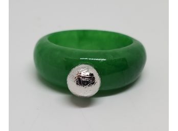 Meteorite Burmese Green Jade Band Ring In Sterling