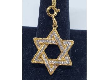 White Zirco Star Of David Charm Necklace In Yellow Gold Over Sterling