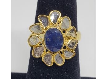 Polki Diamond (diamond That Grows Inside Out) Blue Sapphire Ring In 14k Yellow Gold Over Sterling