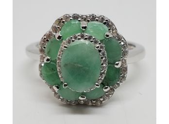 Zambian Emerald & White Zircon, Rhodium Over Sterling Ring