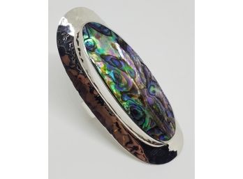 Elongated Abalone Sterling Gem Hammered  High Polished Ring