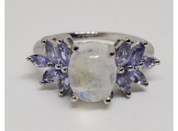 Rainbow Moonstone, Tanzanite Ring In Platinum Over Sterling