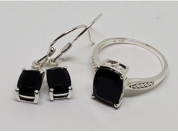 Black Tourmaline Lever Back Earrings & Ring In Sterling