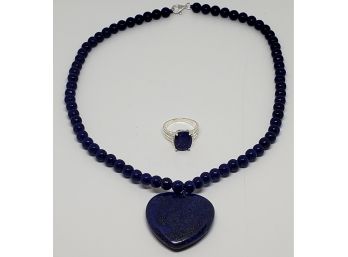 Lapis Lazuli Beads Necklace & Ring In Sterling