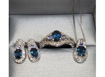 Gorgeous London Blue Topaz Pendant Necklace, Earrings & Ring Set In Sterling