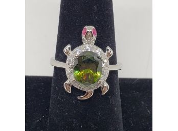 Very Charming Multi Color Turtle Ring In Silver Tone