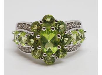 Manchurian Peridot & Zircon, Rhodium Over Sterling Ring