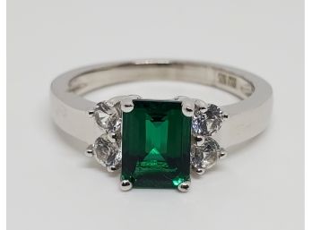 Lab Created Emerald With White Sapphire, Rhodium Over Sterling Ring