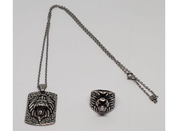 Lion Head Men's Pendant Necklace & Ring