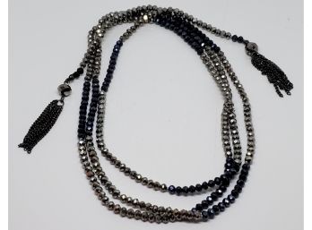 52' Vintage Lariet Necklace In Silver & Black