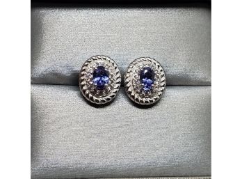 Spectacular Tanzanite, White Zircon Stud Earrings In Platinum Over Sterling