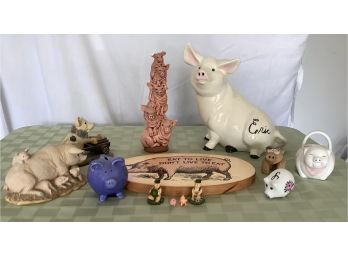 Wooden Eat To Live Sign With Two Pig Banks And Other Pig Decor As Pictured