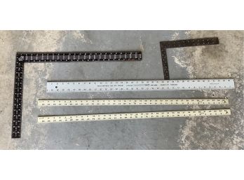 Two Utility Squares And Three Metal Yardsticks