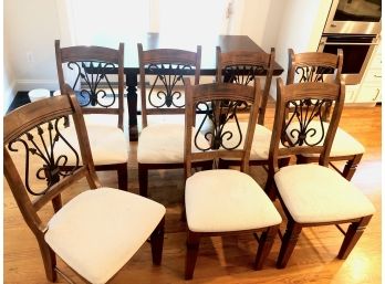 Set Of Upholstered Solid Wood Chairs With Metal Back