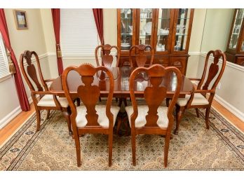 Stanley Furniture Company Double Pedestal Dining Room Table, Six Chairs, Two Leaves And Tables Pads