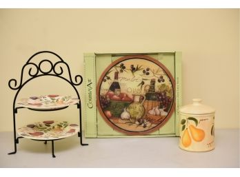 Counter Art Glass Lazy Susan, Pier 1 Imports Lemon Decorated Canister And Two Tiered Serving Tray