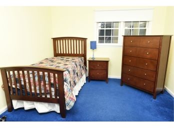 Twin Bed Frame With Matching End Table And Five Drawer Dresser