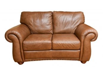 Natuzzi Editions Italian Two Cushion Leather Love Seat With Nail Head Trim