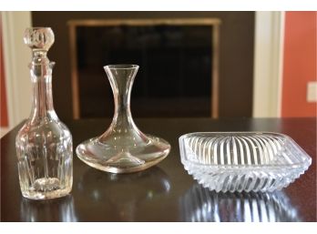 Two Decanters And A Square Ribbed Serving Bowl