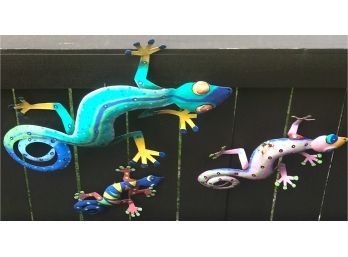 Three Bright Metal Outdoor Geckos