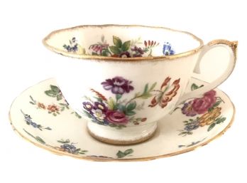 Roslyn Minuet Flowered Gold Rimmed Bone China Cup & Saucer