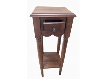 Small Walnut Accent Table With Drawer And Shelf