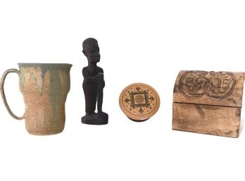 African Statue,  Russian Box, Studio Pottery Pitcher And Olive Wood Chest